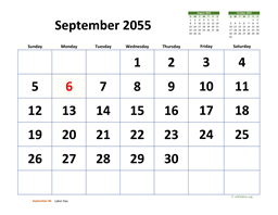 September 2055 Calendar with Extra-large Dates
