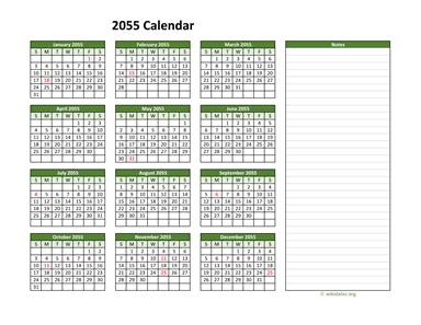 Yearly Printable 2055 Calendar with Notes