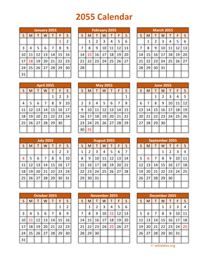 Full Year 2055 Calendar on one page
