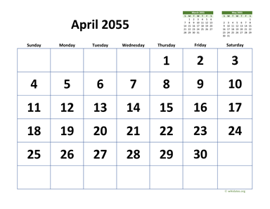 April 2055 Calendar with Extra-large Dates