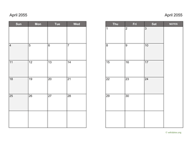 April 2055 Calendar on two pages