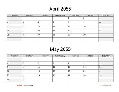 April and May 2055 Calendar Horizontal