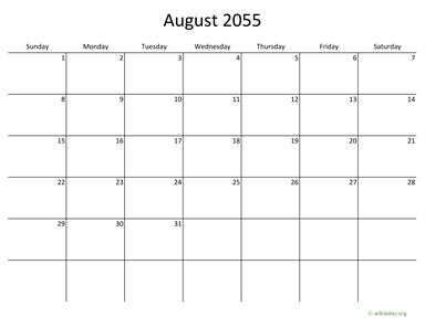 August 2055 Calendar with Bigger boxes