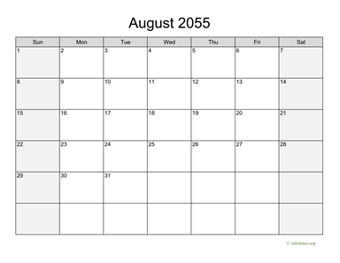 August 2055 Calendar with Weekend Shaded