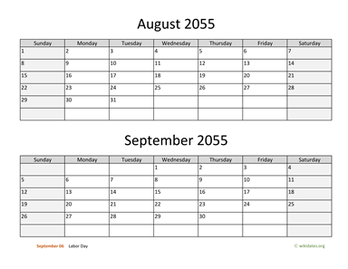 August and September 2055 Calendar Horizontal