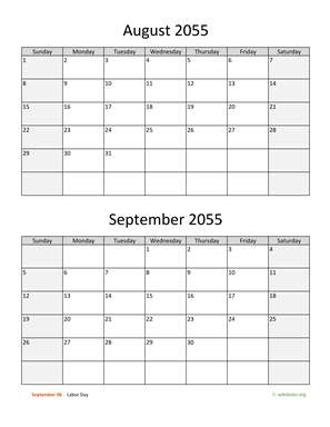 August and September 2055 Calendar Vertical