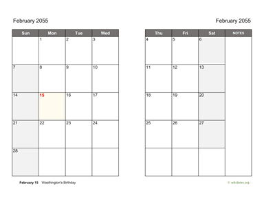 February 2055 Calendar on two pages