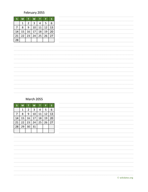 February and March 2055 Calendar with Notes