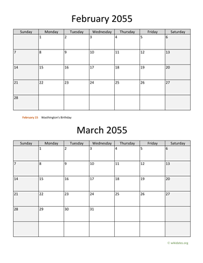 February and March 2055 Calendar Vertical