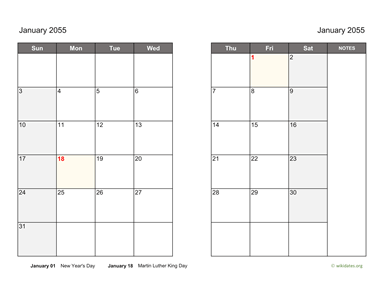 January 2055 Calendar on two pages