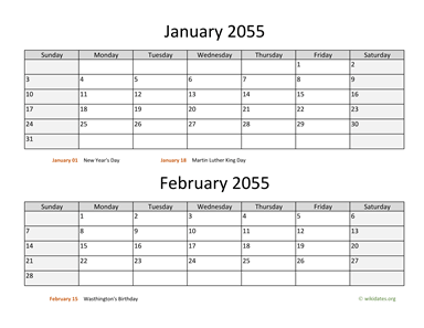 January and February 2055 Calendar Horizontal