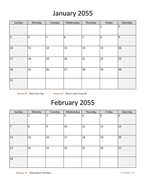 January and February 2055 Calendar Vertical
