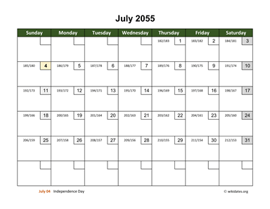 July 2055 Calendar with Day Numbers