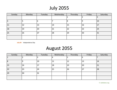 July and August 2055 Calendar Horizontal