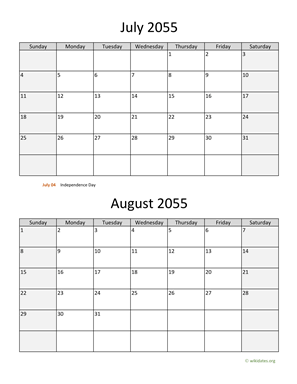 July and August 2055 Calendar Vertical