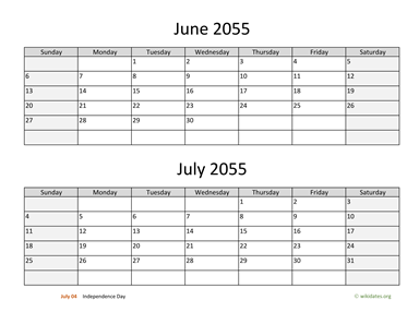 June and July 2055 Calendar Horizontal