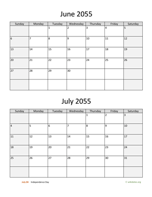 June and July 2055 Calendar Vertical