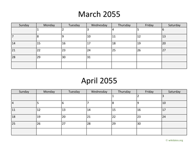 March and April 2055 Calendar Horizontal