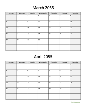 March and April 2055 Calendar Vertical
