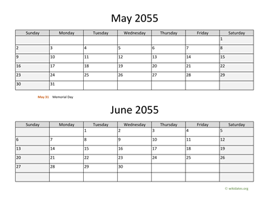 May and June 2055 Calendar Horizontal