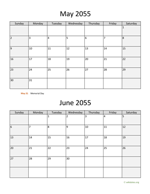 May and June 2055 Calendar Vertical
