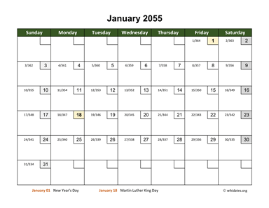 Monthly 2055 Calendar with Day Numbers