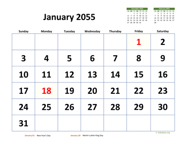 Monthly 2055 Calendar with Extra-large Dates