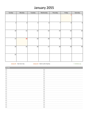 Monthly 2055 Calendar with To-Do List