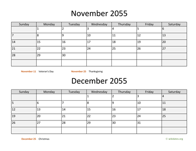 November and December 2055 Calendar Horizontal