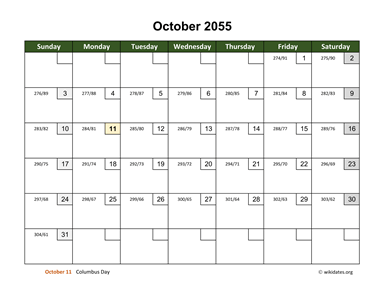 October 2055 Calendar with Day Numbers