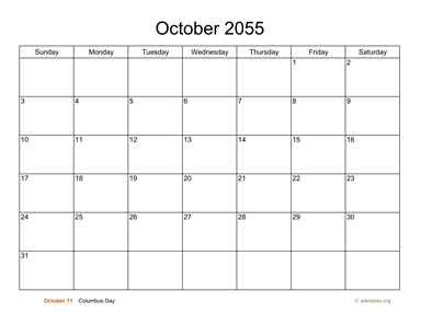 Basic Calendar for October 2055