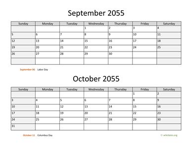 September and October 2055 Calendar Horizontal