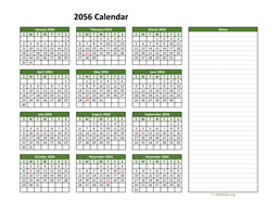 Yearly Printable 2056 Calendar with Notes