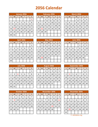 Full Year 2056 Calendar on one page