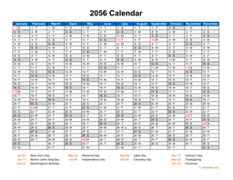 2056 Calendar Horizontal, One Page