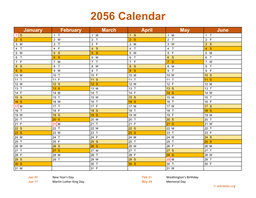 2056 Calendar on 2 Pages, Landscape Orientation