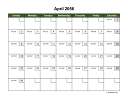 April 2056 Calendar with Day Numbers