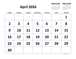 April 2056 Calendar with Extra-large Dates
