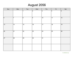 August 2056 Calendar with Weekend Shaded
