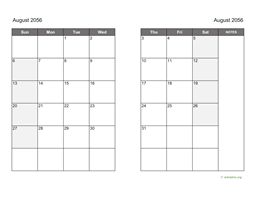 August 2056 Calendar on two pages