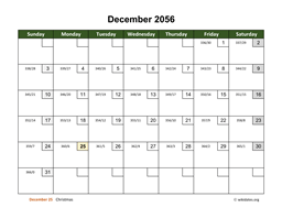 December 2056 Calendar with Day Numbers