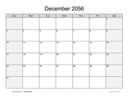 December 2056 Calendar with Weekend Shaded