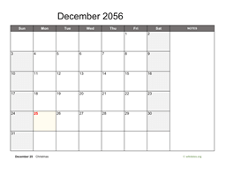 December 2056 Calendar with Notes