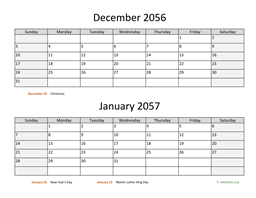 December 2056 and January 2057 Calendar