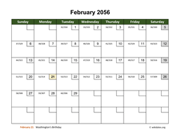 February 2056 Calendar with Day Numbers