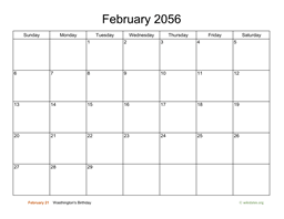 Basic Calendar for February 2056