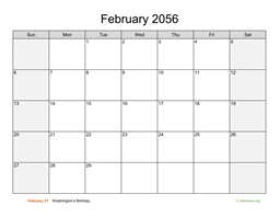 February 2056 Calendar with Weekend Shaded