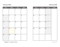 February 2056 Calendar on two pages