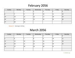 February and March 2056 Calendar