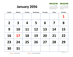 January 2056 Calendar with Extra-large Dates